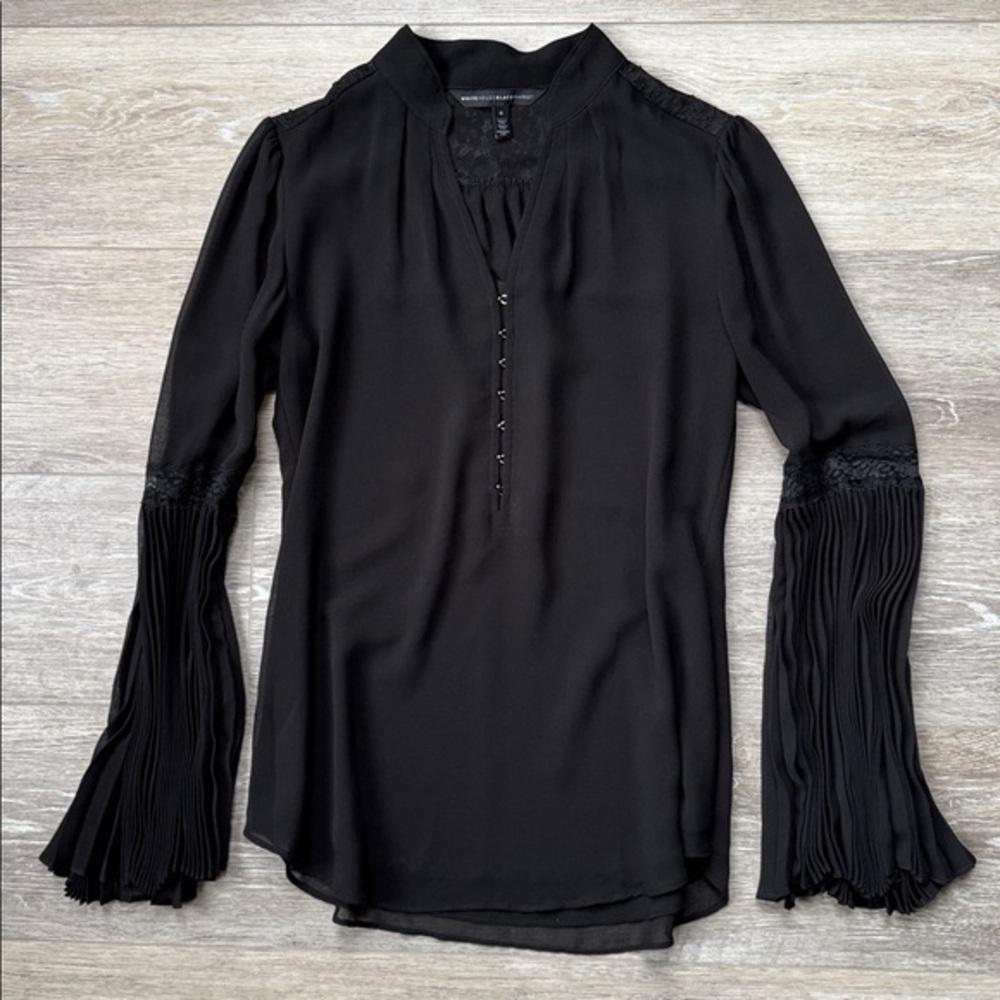 White House Black Market Black Pleated Sleeves Blouse, NWOT